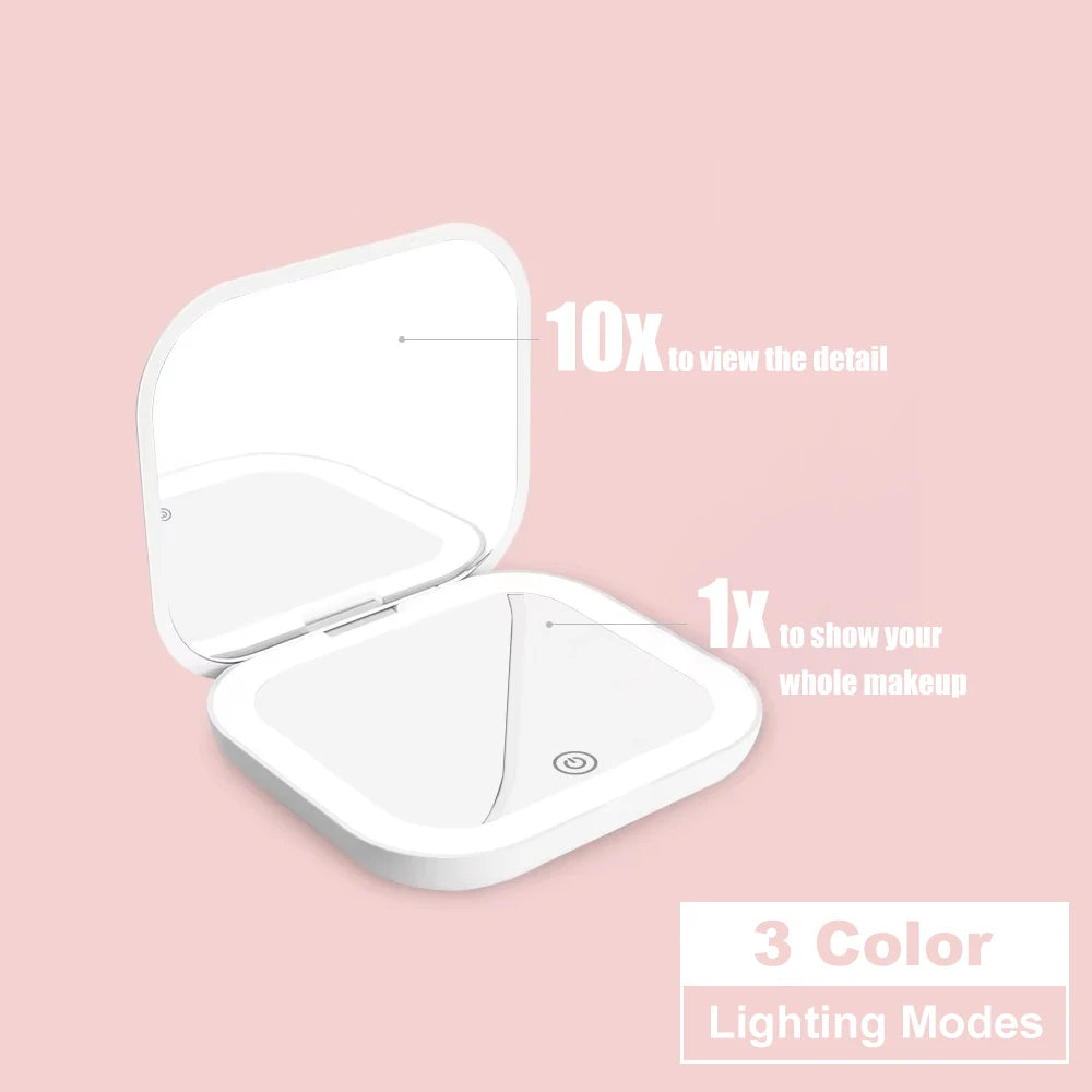 LED Compact Makeup Mirror – Rechargeable Pocket Mirror with 1X & 2X Magnification