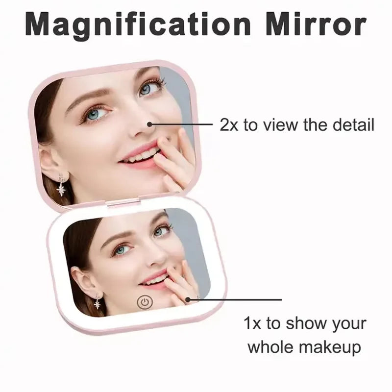 LED Compact Makeup Mirror – Rechargeable Pocket Mirror with 1X & 2X Magnification