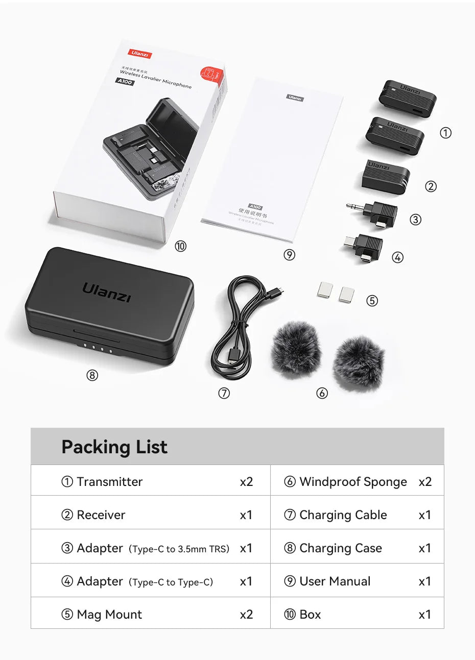 Ulanzi A100 Wireless Lavalier Microphone for iPhone & Android | Professional Noise Reduction Mic