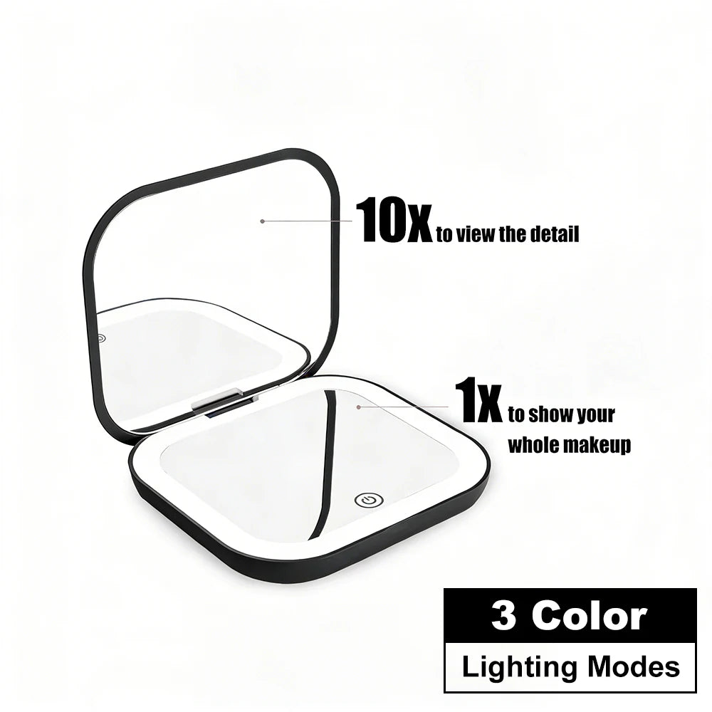 LED Compact Makeup Mirror – Rechargeable Pocket Mirror with 1X & 2X Magnification