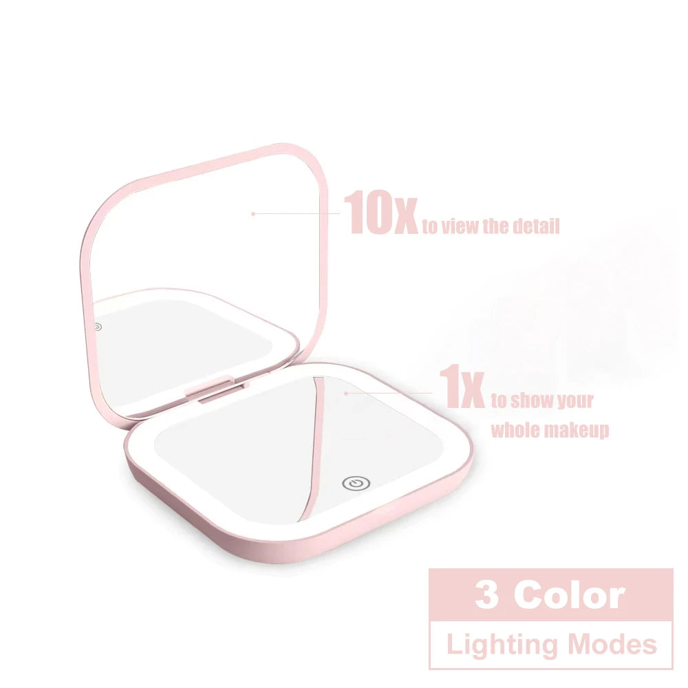 LED Compact Makeup Mirror – Rechargeable Pocket Mirror with 1X & 2X Magnification